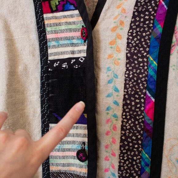 Linen Blend S VTG Lagenlook Lynn Murray Patchwork Pattern Art Boho Blazer FLAW - Picture 4 of 15